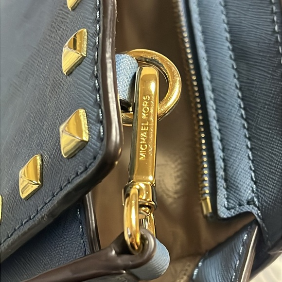 Michael Kors Blue and Gold Crossbody Bag with Studded Details, Saffiano Leather - Picture 11 of 16